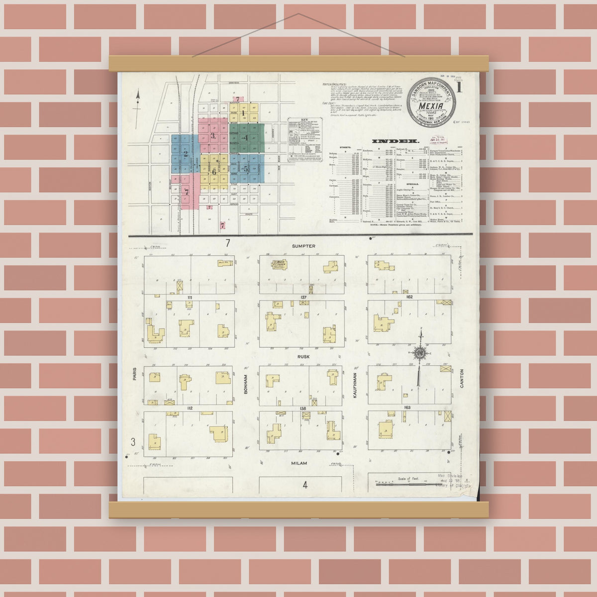 Old map wall art mockup — magnetic wood frame on brick wall — Sanborn Fire Insurance Map from Mexia, Limestone County, Texas (1911) - Complete Map Set