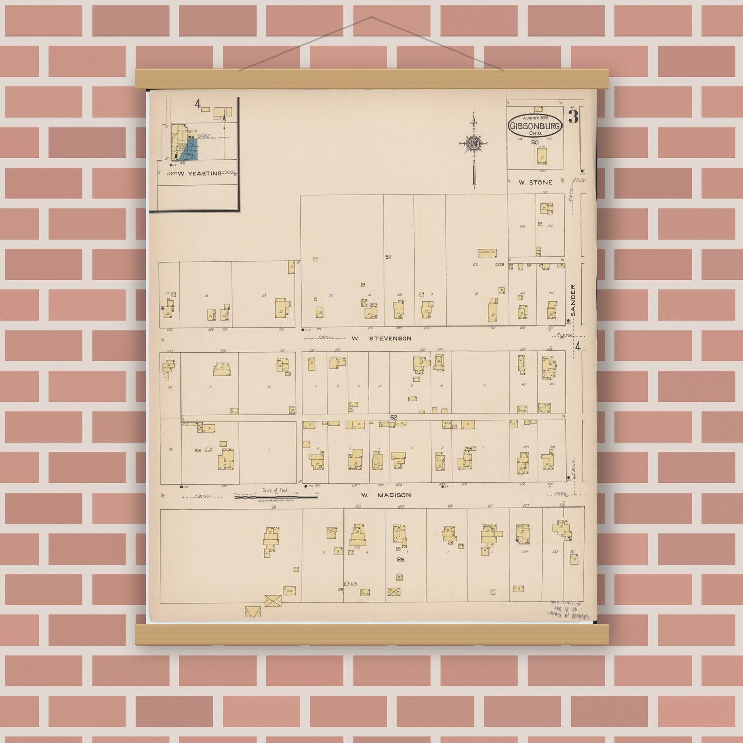 Old map wall art mockup — magnetic wood frame on brick wall — Sanborn Fire Insurance Map from Gibsonburg, Sandusky County, Ohio (1922), Sheet #0003