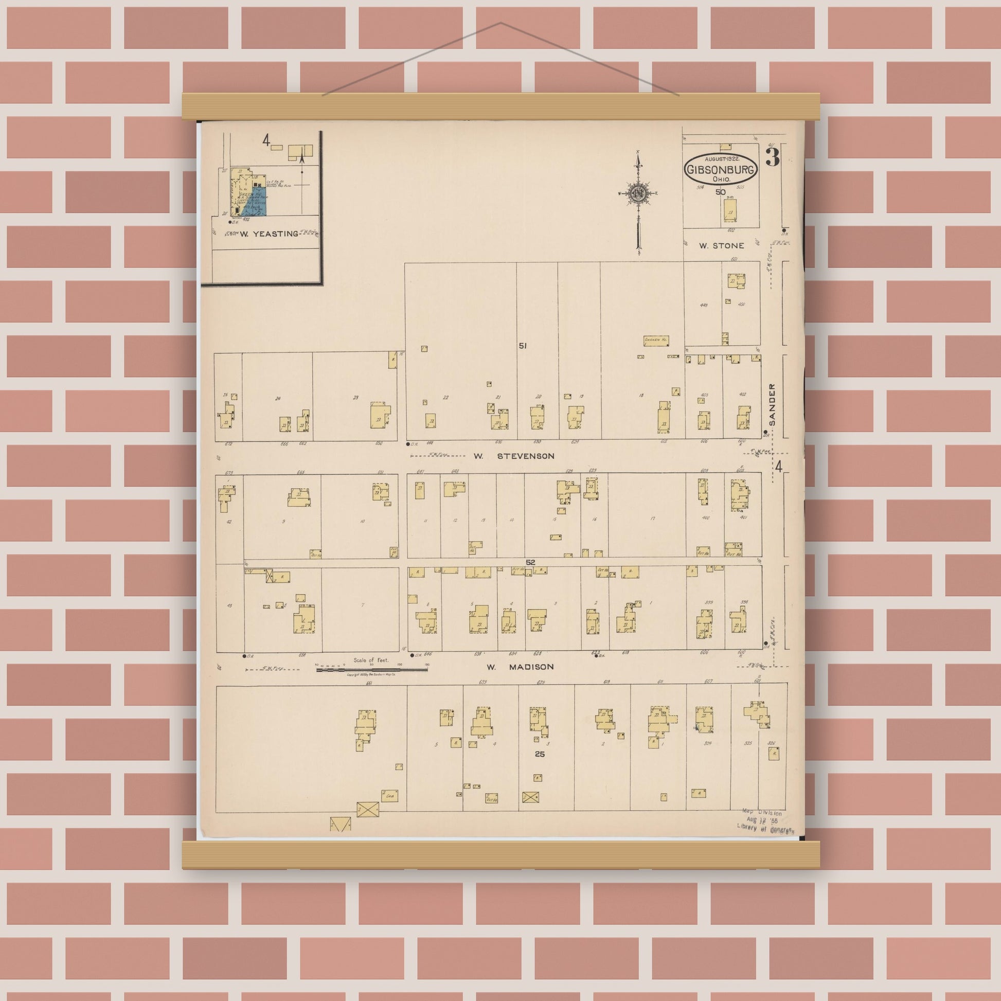 Old map wall art mockup — magnetic wood frame on brick wall — Sanborn Fire Insurance Map from Gibsonburg, Sandusky County, Ohio (1922), Sheet #0003