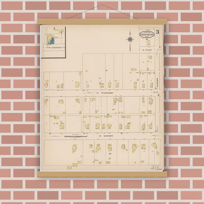 Old map wall art mockup — magnetic wood frame on brick wall — Sanborn Fire Insurance Map from Gibsonburg, Sandusky County, Ohio (1922), Sheet #0003