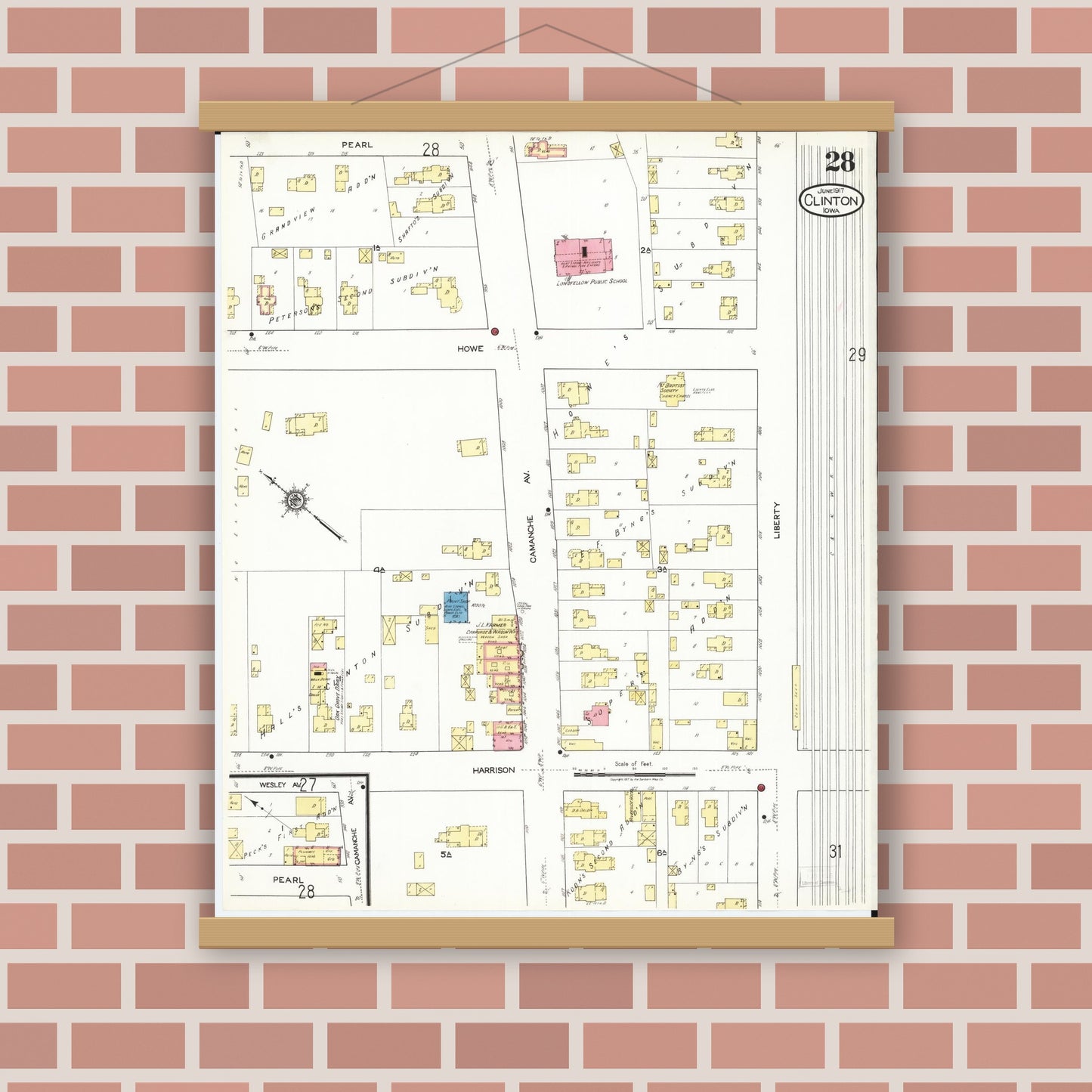 Old map wall art mockup — magnetic wood frame on brick wall — Sanborn Fire Insurance Map from Clinton, Clinton County, Iowa (1917), Sheet #0028