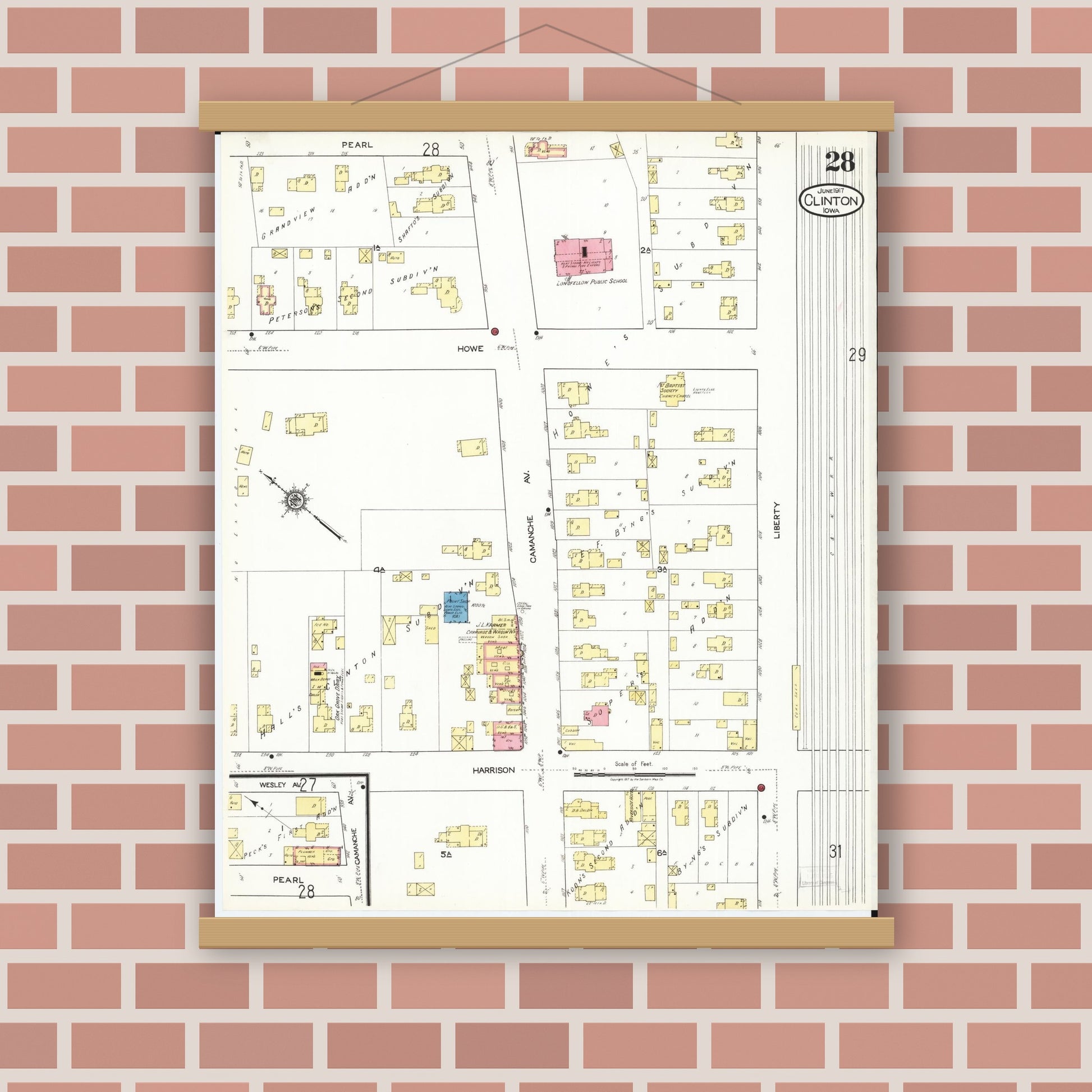 Old map wall art mockup — magnetic wood frame on brick wall — Sanborn Fire Insurance Map from Clinton, Clinton County, Iowa (1917), Sheet #0028