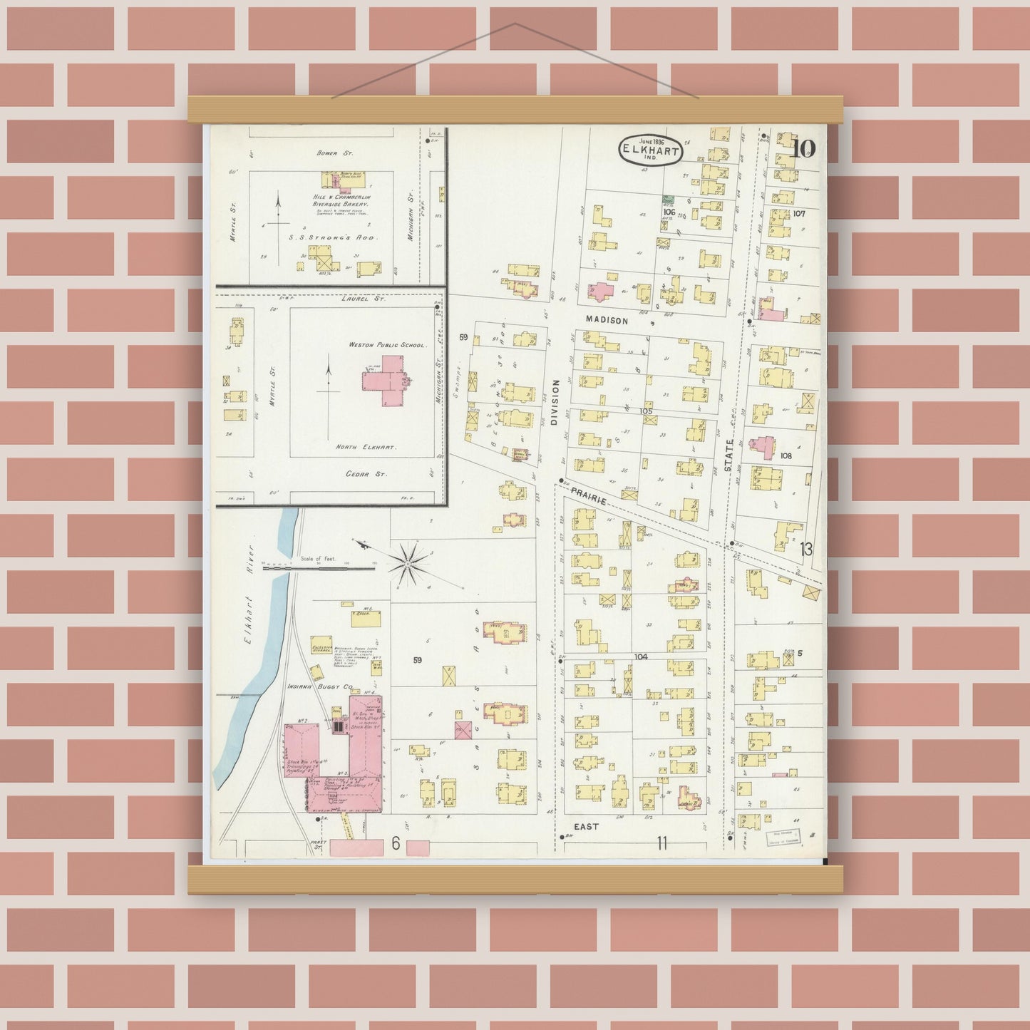 Old map wall art mockup — magnetic wood frame on brick wall — Sanborn Fire Insurance Map from Elkhart, Elkhart County, Indiana (1896), Sheet #0010