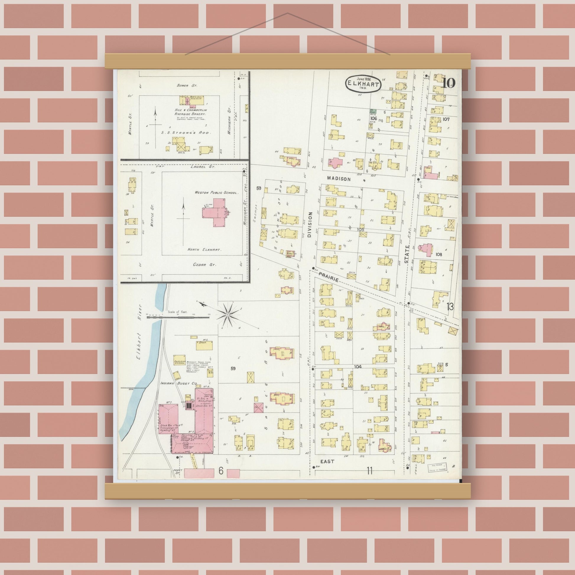 Old map wall art mockup — magnetic wood frame on brick wall — Sanborn Fire Insurance Map from Elkhart, Elkhart County, Indiana (1896), Sheet #0010