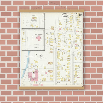 Old map wall art mockup — magnetic wood frame on brick wall — Sanborn Fire Insurance Map from Elkhart, Elkhart County, Indiana (1896), Sheet #0010