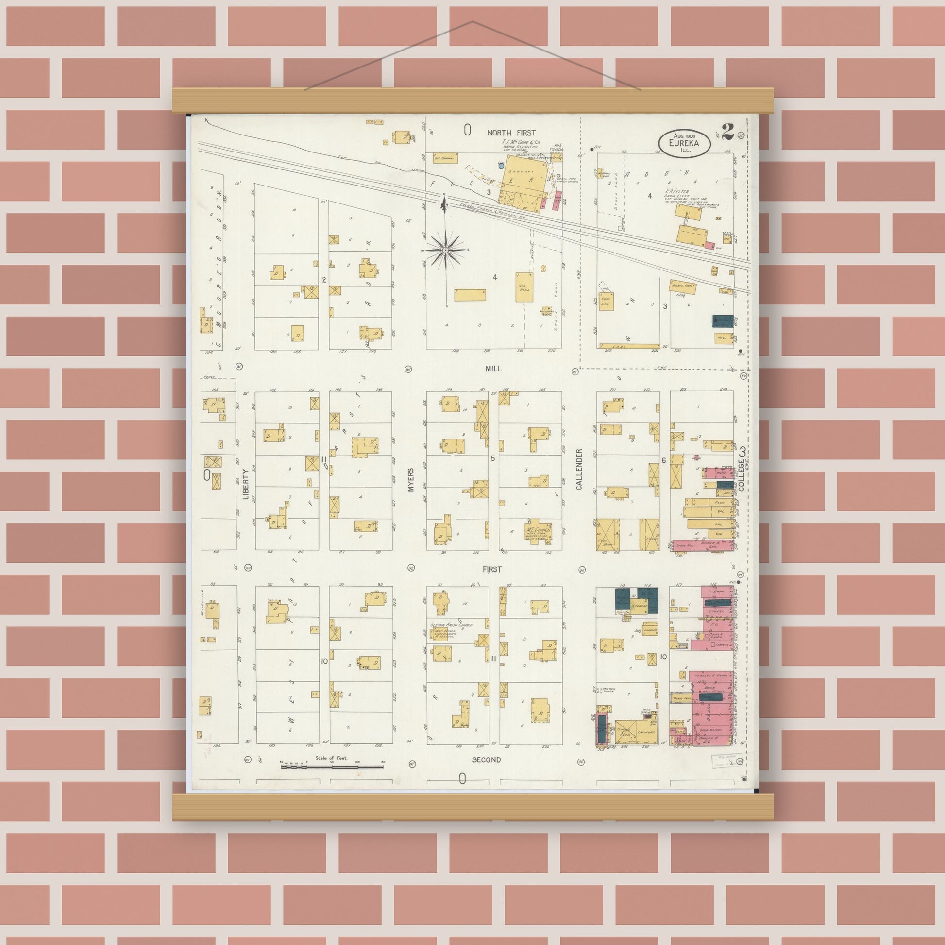 Old map wall art mockup — magnetic wood frame on brick wall — Sanborn Fire Insurance Map from Eureka, Woodford County, Illinois (1906), Sheet #0002