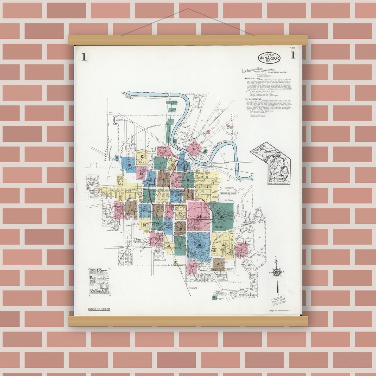 Old map wall art mockup — magnetic wood frame on brick wall — Sanborn Fire Insurance Map from Ann Arbor, Washtenaw County, Michigan (1925) - Complete Map Set