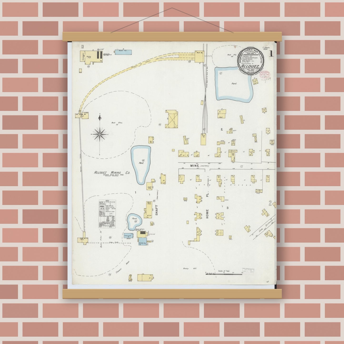 Old map wall art mockup — magnetic wood frame on brick wall — Sanborn Fire Insurance Map from Allouez, Keweenaw And Houghton Counties, Michigan (1895), Sheet #0001