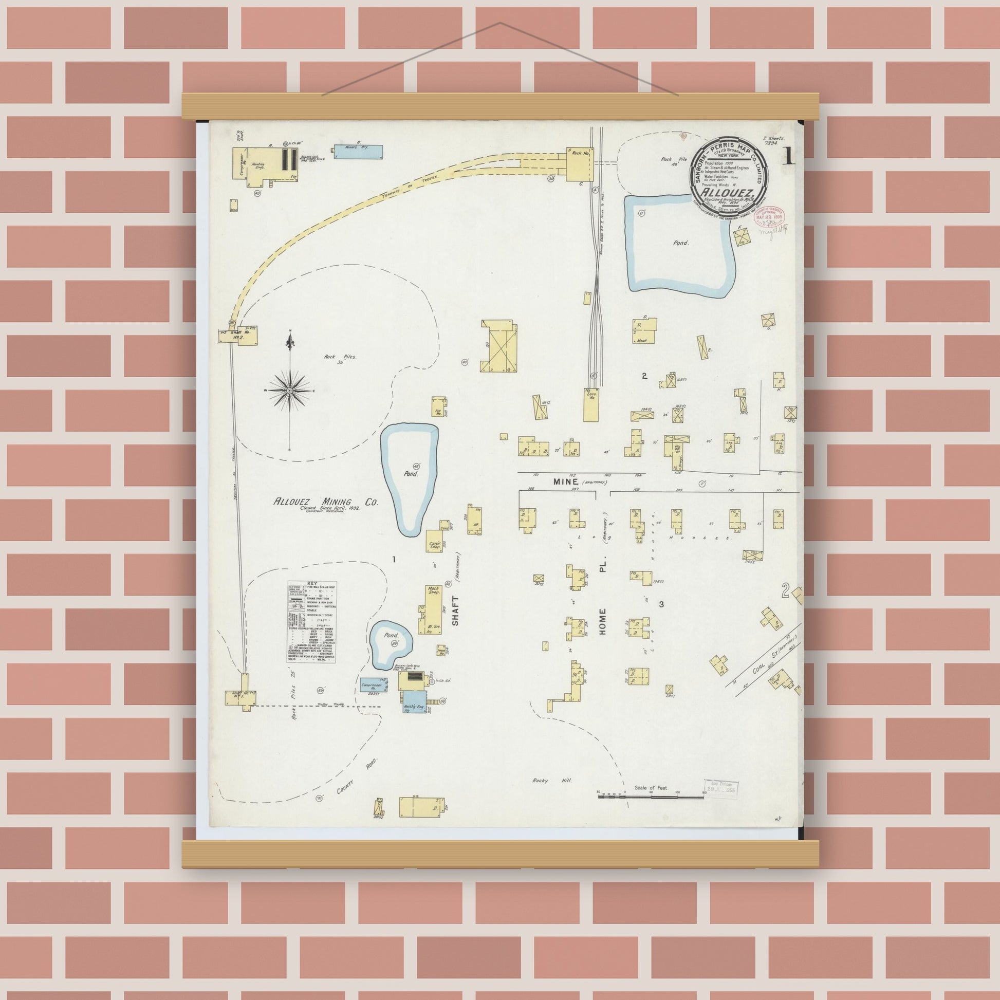 Old map wall art mockup — magnetic wood frame on brick wall — Sanborn Fire Insurance Map from Allouez, Keweenaw And Houghton Counties, Michigan (1895), Sheet #0001