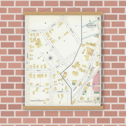 Old map wall art mockup — magnetic wood frame on brick wall — Sanborn Fire Insurance Map from Cambridge Springs, Crawford County, Pennsylvania (1904), Sheet #0002