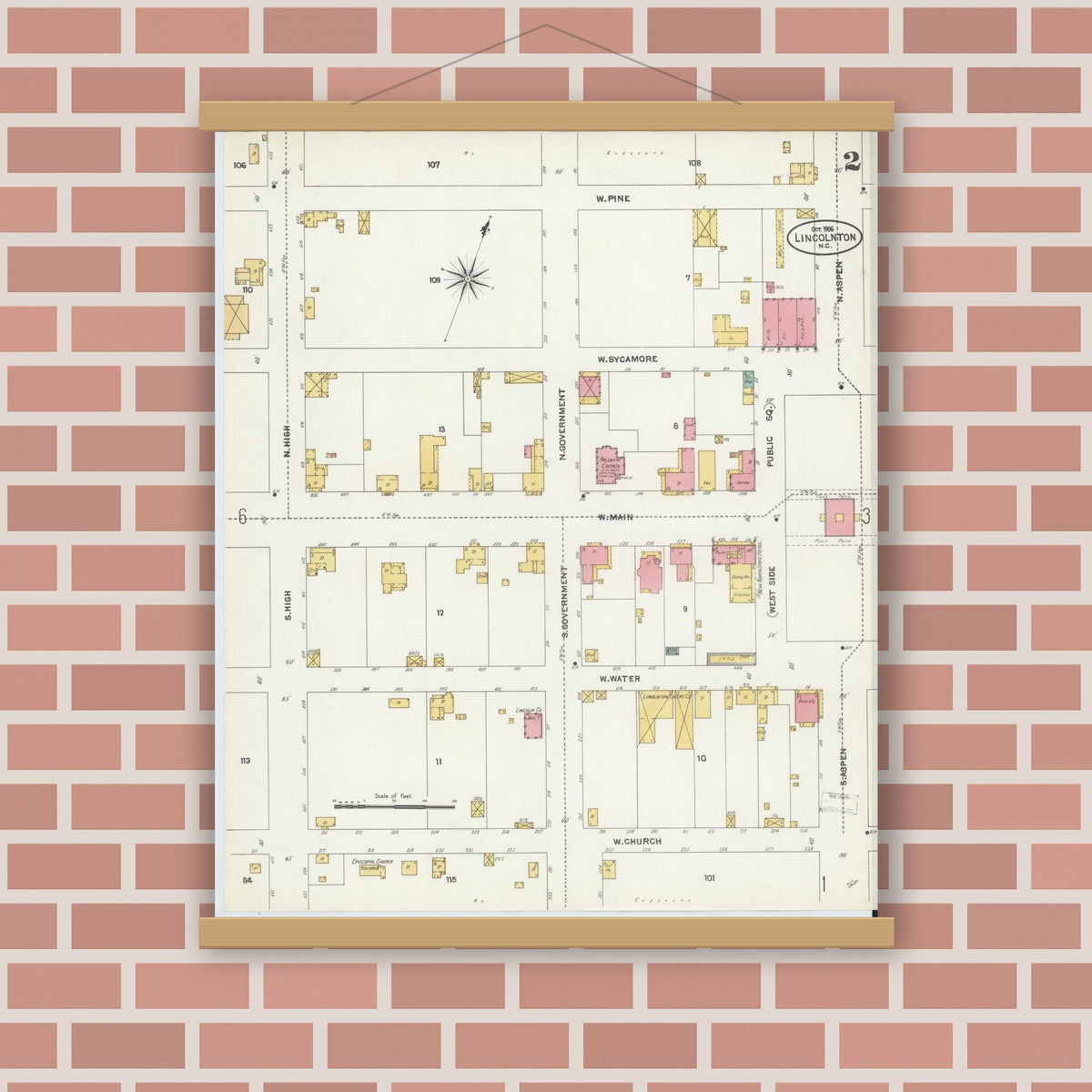 Old map wall art mockup — magnetic wood frame on brick wall — Sanborn Fire Insurance Map from Lincolnton, Lincoln County, North Carolina (1906), Sheet #0002