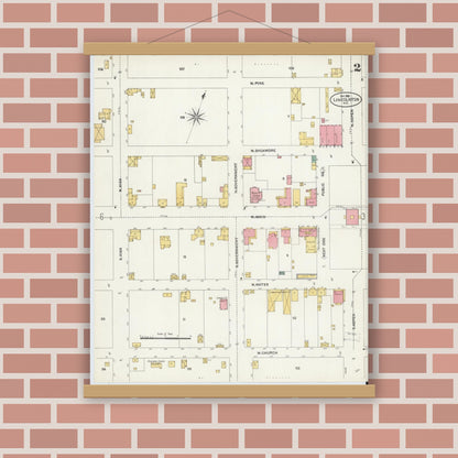 Old map wall art mockup — magnetic wood frame on brick wall — Sanborn Fire Insurance Map from Lincolnton, Lincoln County, North Carolina (1906), Sheet #0002