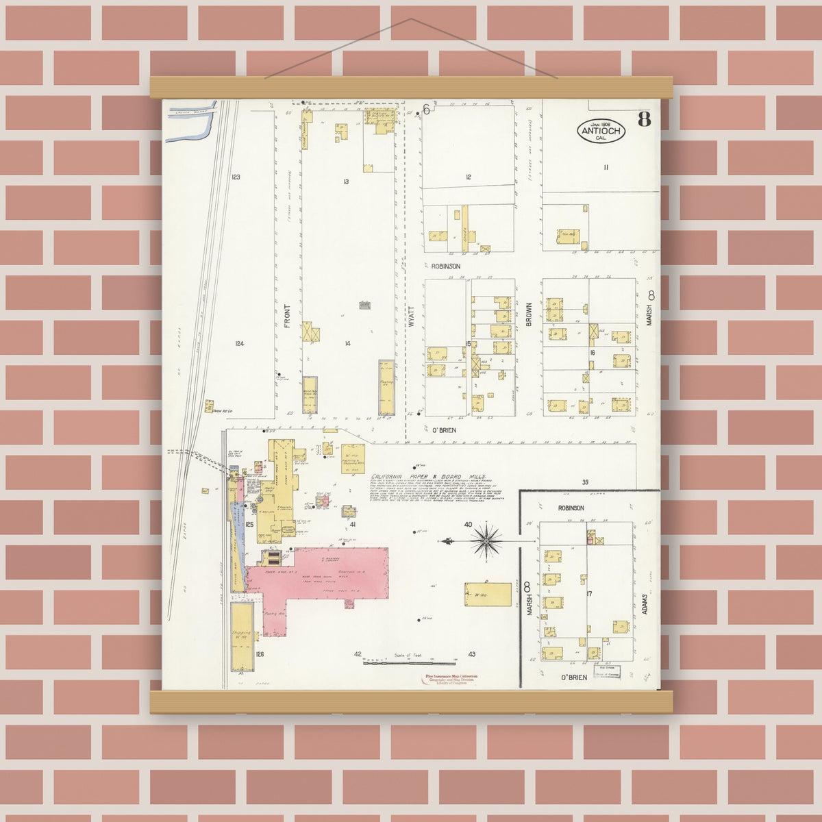 Old map wall art mockup — magnetic wood frame on brick wall — Sanborn Fire Insurance Map from Antioch, Contra Costa County, California (1908), Sheet #0008