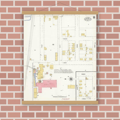 Old map wall art mockup — magnetic wood frame on brick wall — Sanborn Fire Insurance Map from Antioch, Contra Costa County, California (1908), Sheet #0008