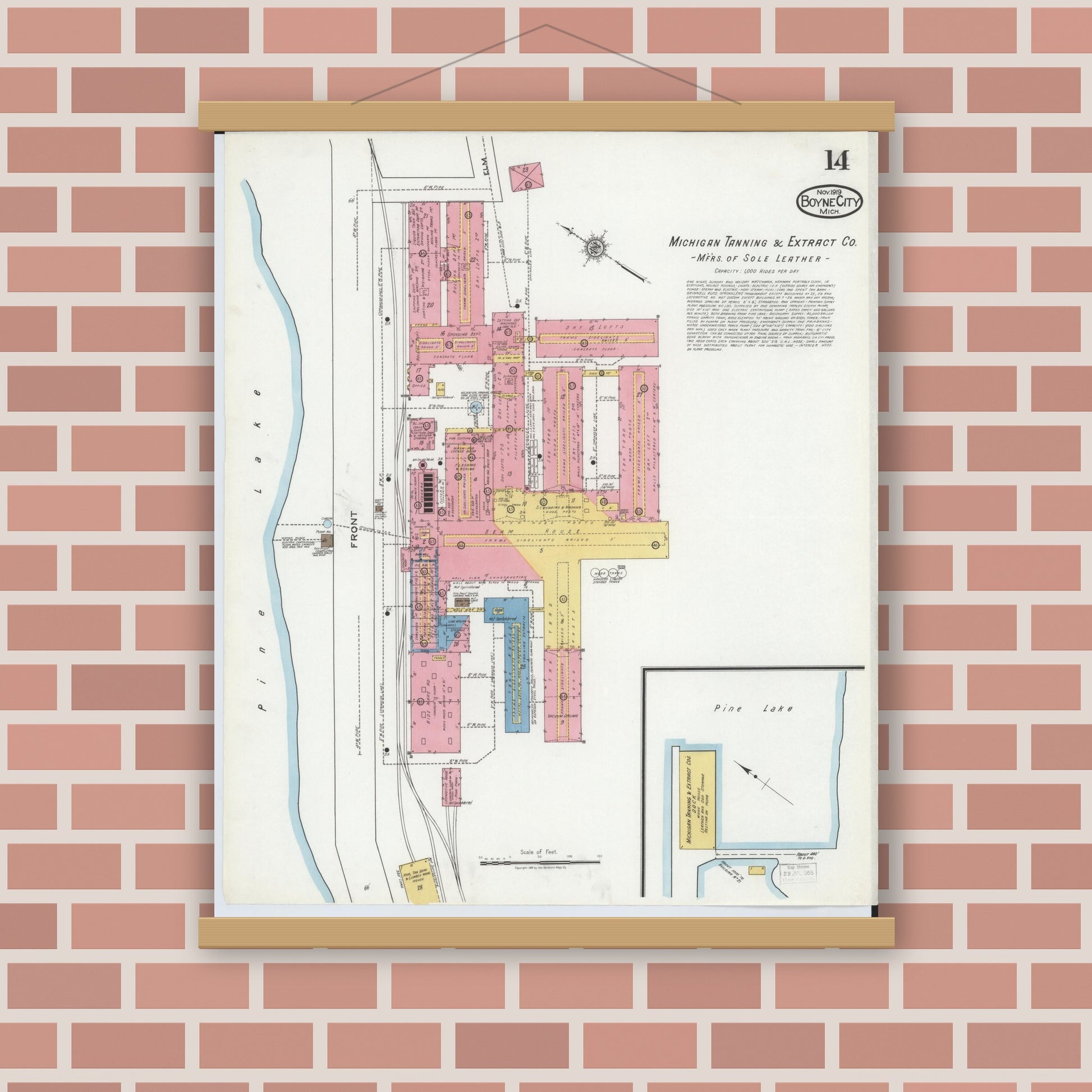 Old map wall art mockup — magnetic wood frame on brick wall — Sanborn Fire Insurance Map from Boyne City, Charlevoix County, Michigan (1919), Sheet #0014
