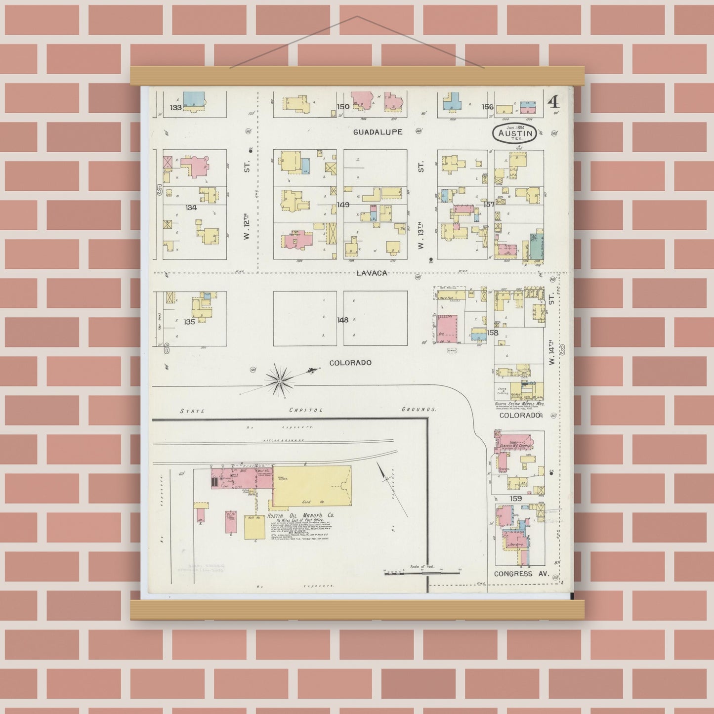 Old map wall art mockup — magnetic wood frame on brick wall — Sanborn Fire Insurance Map from Austin, Travis County, Texas (1894), Sheet #0004