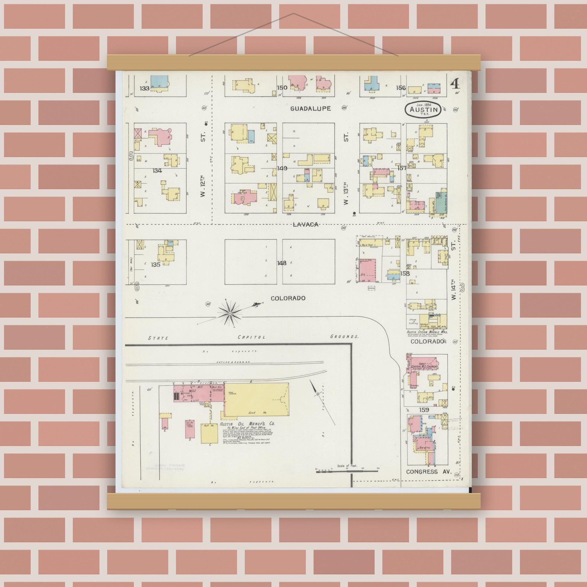 Old map wall art mockup — magnetic wood frame on brick wall — Sanborn Fire Insurance Map from Austin, Travis County, Texas (1894), Sheet #0004