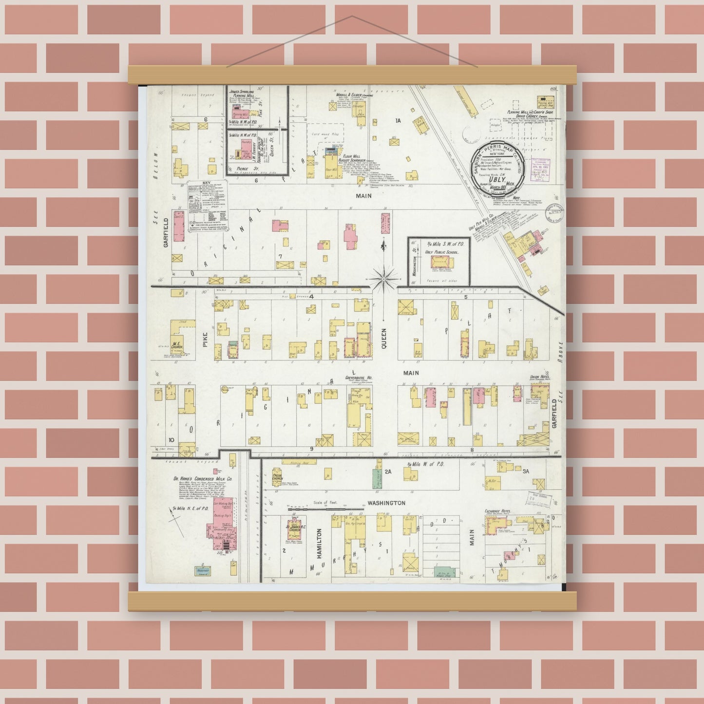 Old map wall art mockup — magnetic wood frame on brick wall — Sanborn Fire Insurance Map from Ubly, Huron County, Michigan (1901), Sheet #0001