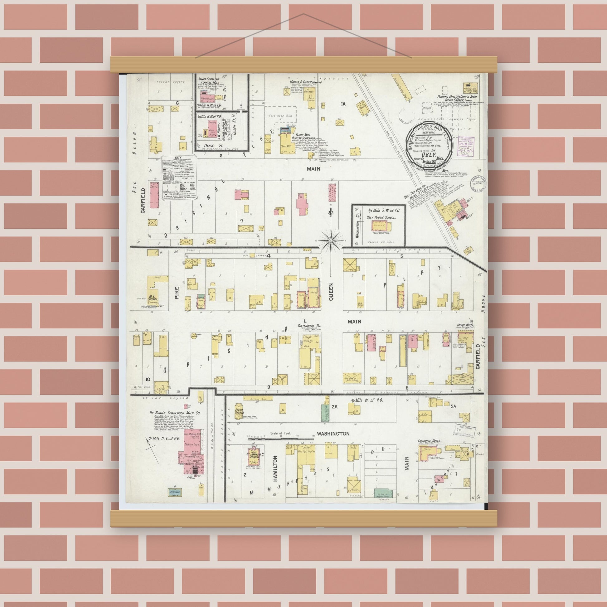 Old map wall art mockup — magnetic wood frame on brick wall — Sanborn Fire Insurance Map from Ubly, Huron County, Michigan (1901), Sheet #0001