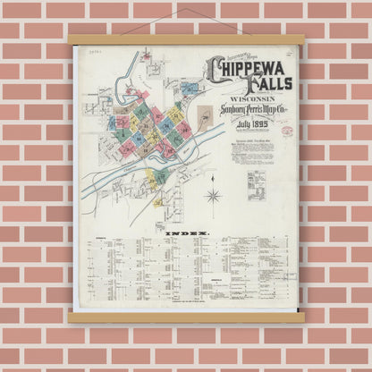 Old map wall art mockup — magnetic wood frame on brick wall — Sanborn Fire Insurance Map from Chippewa Falls, Chippewa County, Wisconsin (1895), Sheet #0001