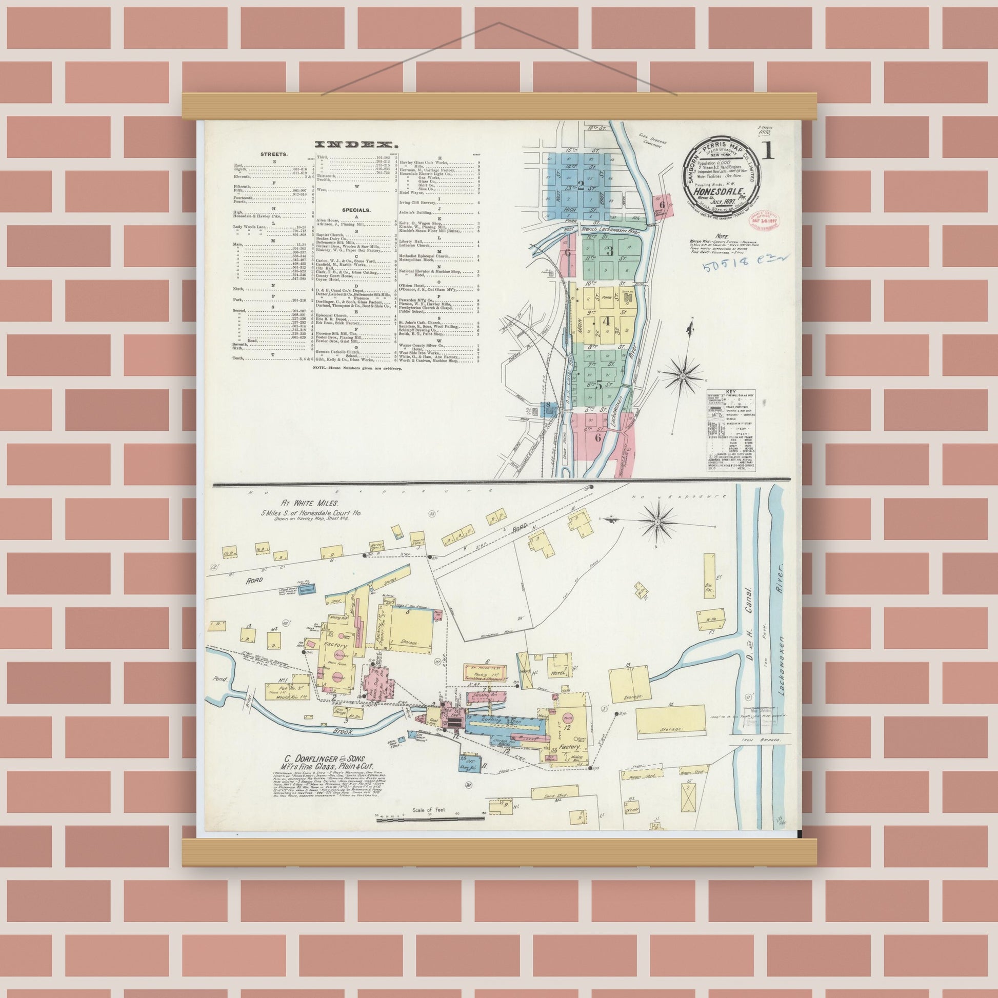 Old map wall art mockup — magnetic wood frame on brick wall — Sanborn Fire Insurance Map from Honesdale, Wayne County, Pennsylvania (1897), Sheet #0001