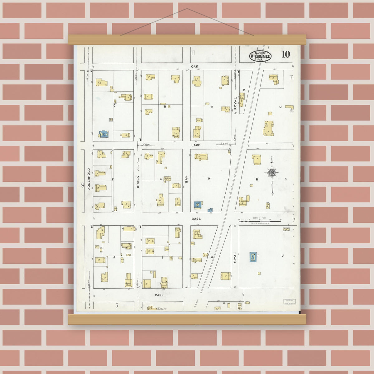 Old map wall art mockup — magnetic wood frame on brick wall — Sanborn Fire Insurance Map from Kissimmee, Osceola County, Florida (1920), Sheet #0010