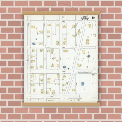 Old map wall art mockup — magnetic wood frame on brick wall — Sanborn Fire Insurance Map from Kissimmee, Osceola County, Florida (1920), Sheet #0010
