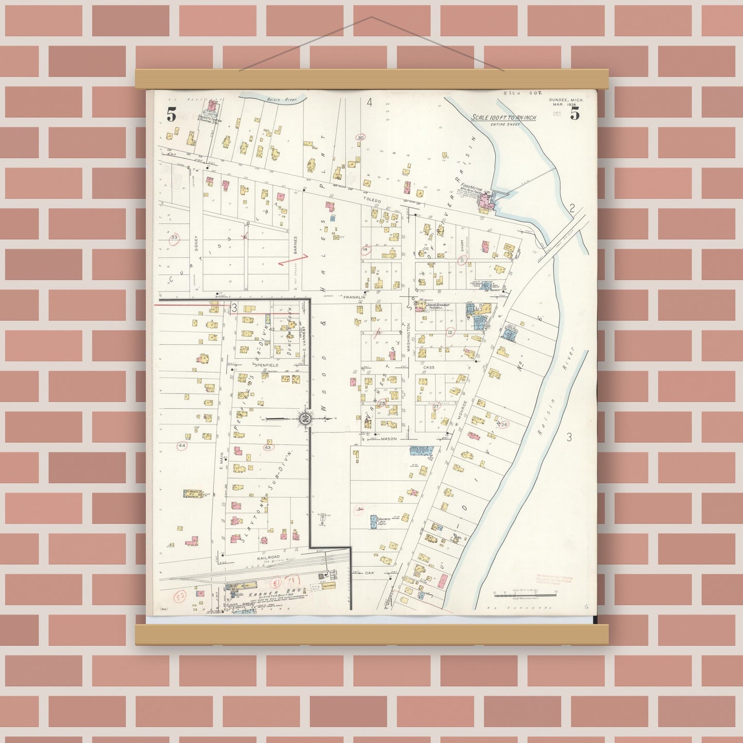 Old map wall art mockup — magnetic wood frame on brick wall — Sanborn Fire Insurance Map from Dundee, Monroe County, Michigan (1949), Sheet #0005