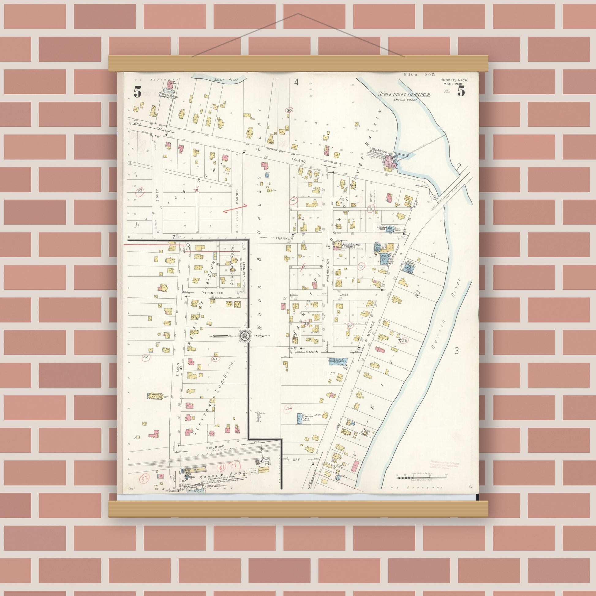 Old map wall art mockup — magnetic wood frame on brick wall — Sanborn Fire Insurance Map from Dundee, Monroe County, Michigan (1949), Sheet #0005