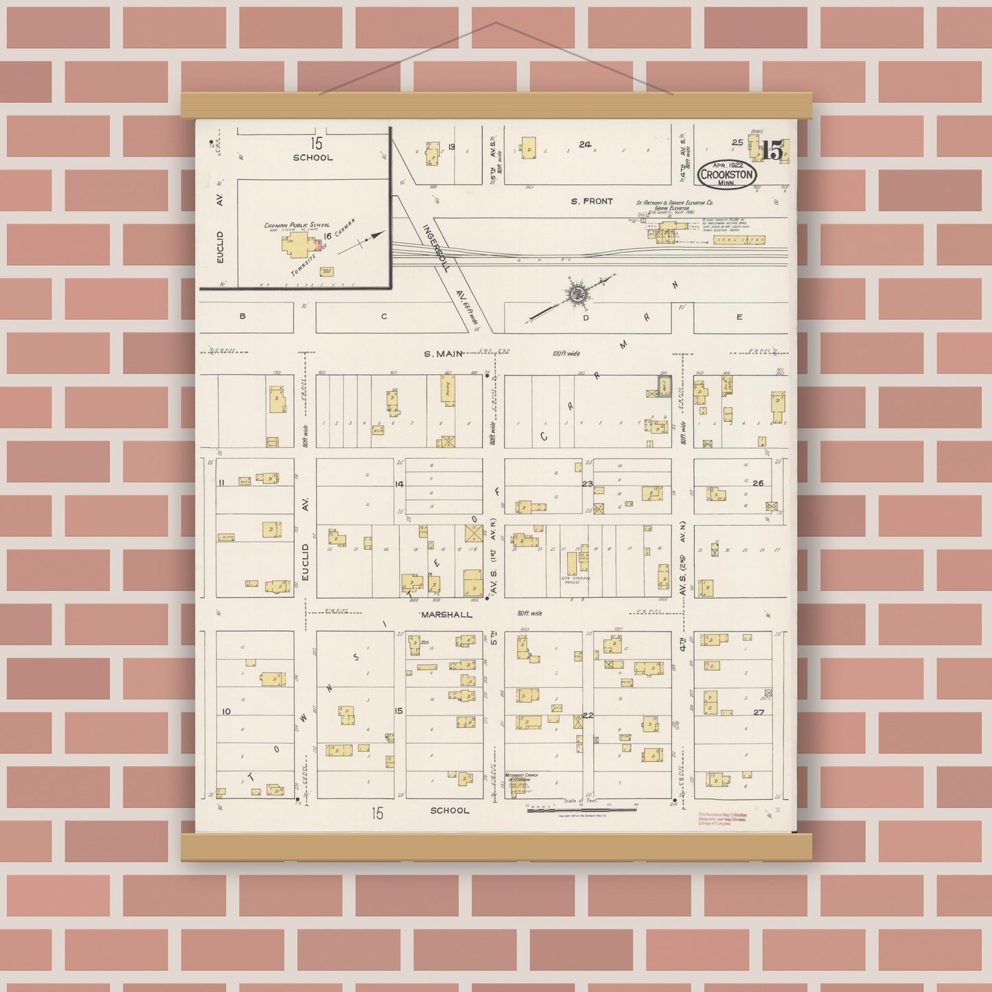 Old map wall art mockup — magnetic wood frame on brick wall — Sanborn Fire Insurance Map from Crookston, Polk County, Minnesota (1922), Sheet #0015