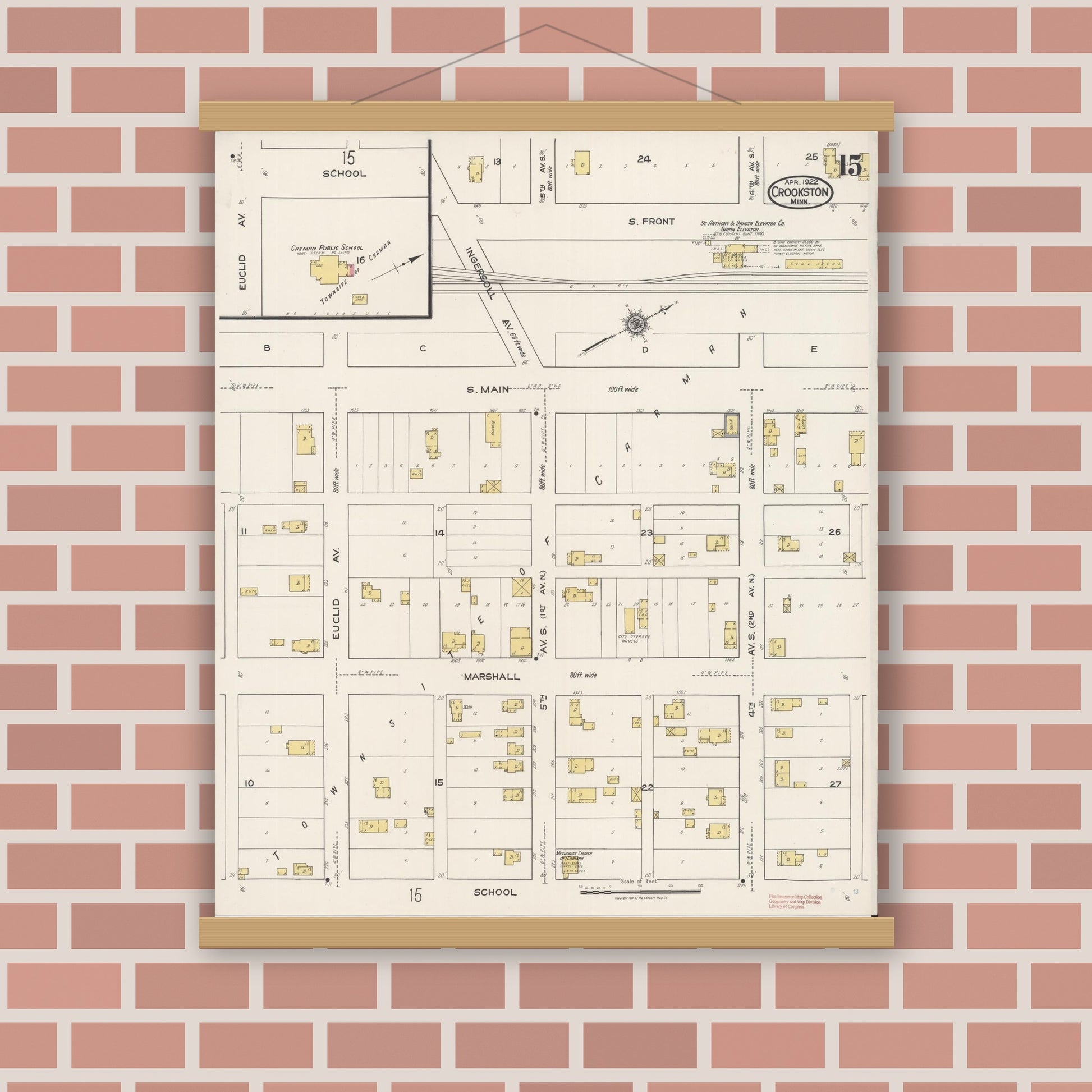 Old map wall art mockup — magnetic wood frame on brick wall — Sanborn Fire Insurance Map from Crookston, Polk County, Minnesota (1922), Sheet #0015