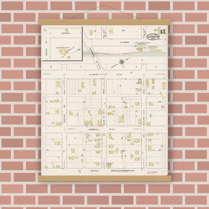 Old map wall art mockup — magnetic wood frame on brick wall — Sanborn Fire Insurance Map from Crookston, Polk County, Minnesota (1922), Sheet #0015