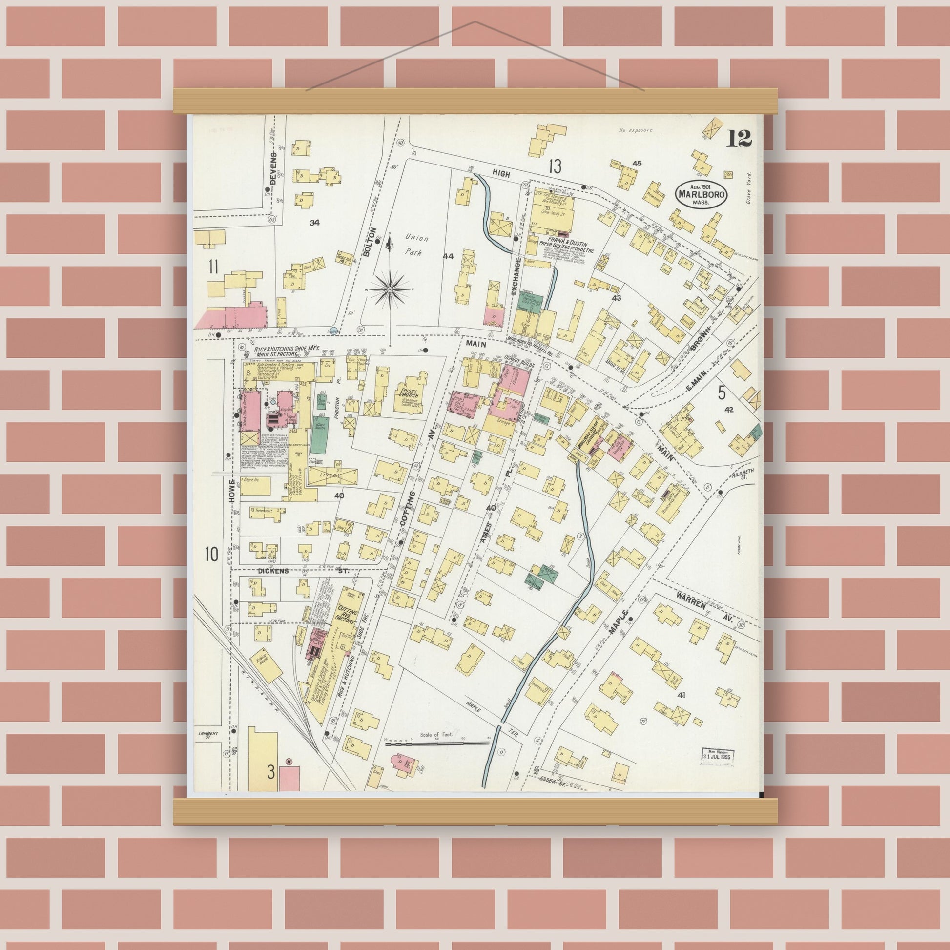 Old map wall art mockup — magnetic wood frame on brick wall — Sanborn Fire Insurance Map from Marlborough, Middlesex County, Massachusetts (1901), Sheet #0012