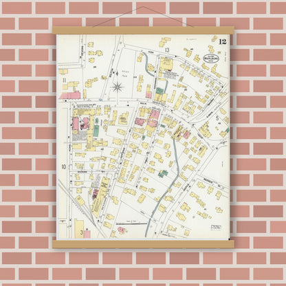 Old map wall art mockup — magnetic wood frame on brick wall — Sanborn Fire Insurance Map from Marlborough, Middlesex County, Massachusetts (1901), Sheet #0012