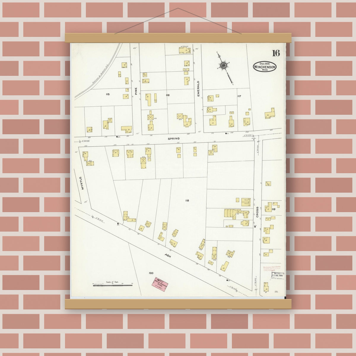 Old map wall art mockup — magnetic wood frame on brick wall — Sanborn Fire Insurance Map from Winchendon, Worcester County, Massachusetts (1909), Sheet #0016