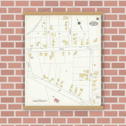 Old map wall art mockup — magnetic wood frame on brick wall — Sanborn Fire Insurance Map from Winchendon, Worcester County, Massachusetts (1909), Sheet #0016