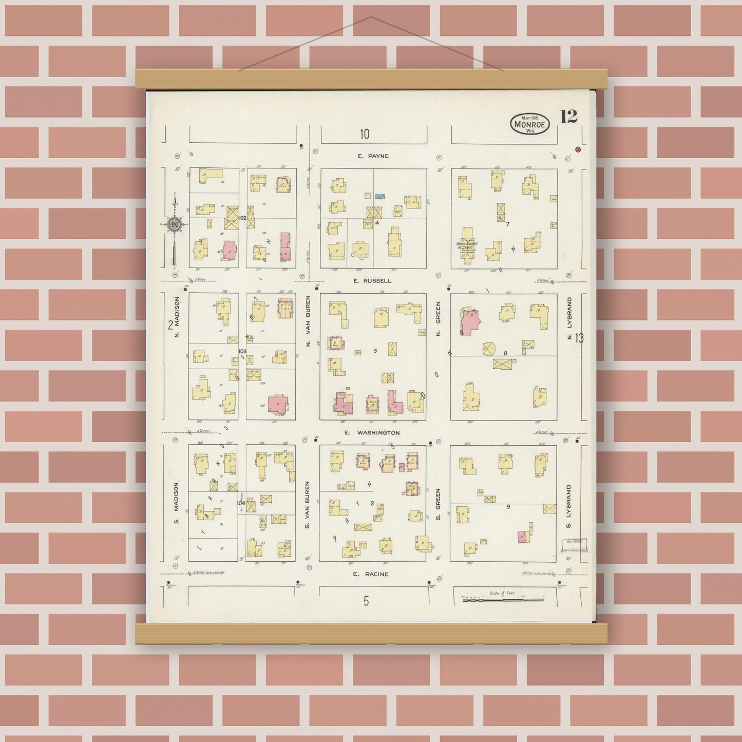 Old map wall art mockup — magnetic wood frame on brick wall — Sanborn Fire Insurance Map from Monroe, Green County, Wisconsin (1915), Sheet #0012