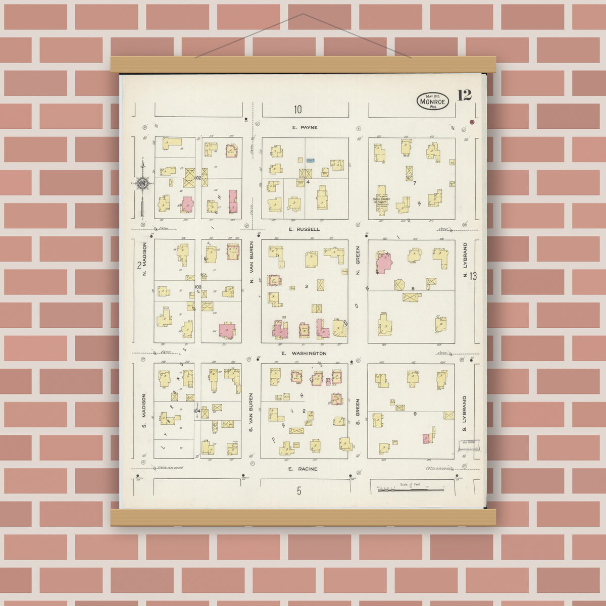 Old map wall art mockup — magnetic wood frame on brick wall — Sanborn Fire Insurance Map from Monroe, Green County, Wisconsin (1915), Sheet #0012