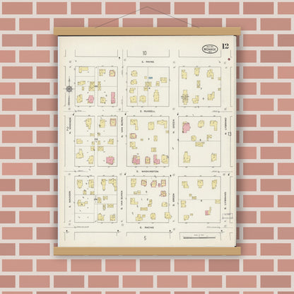 Old map wall art mockup — magnetic wood frame on brick wall — Sanborn Fire Insurance Map from Monroe, Green County, Wisconsin (1915), Sheet #0012