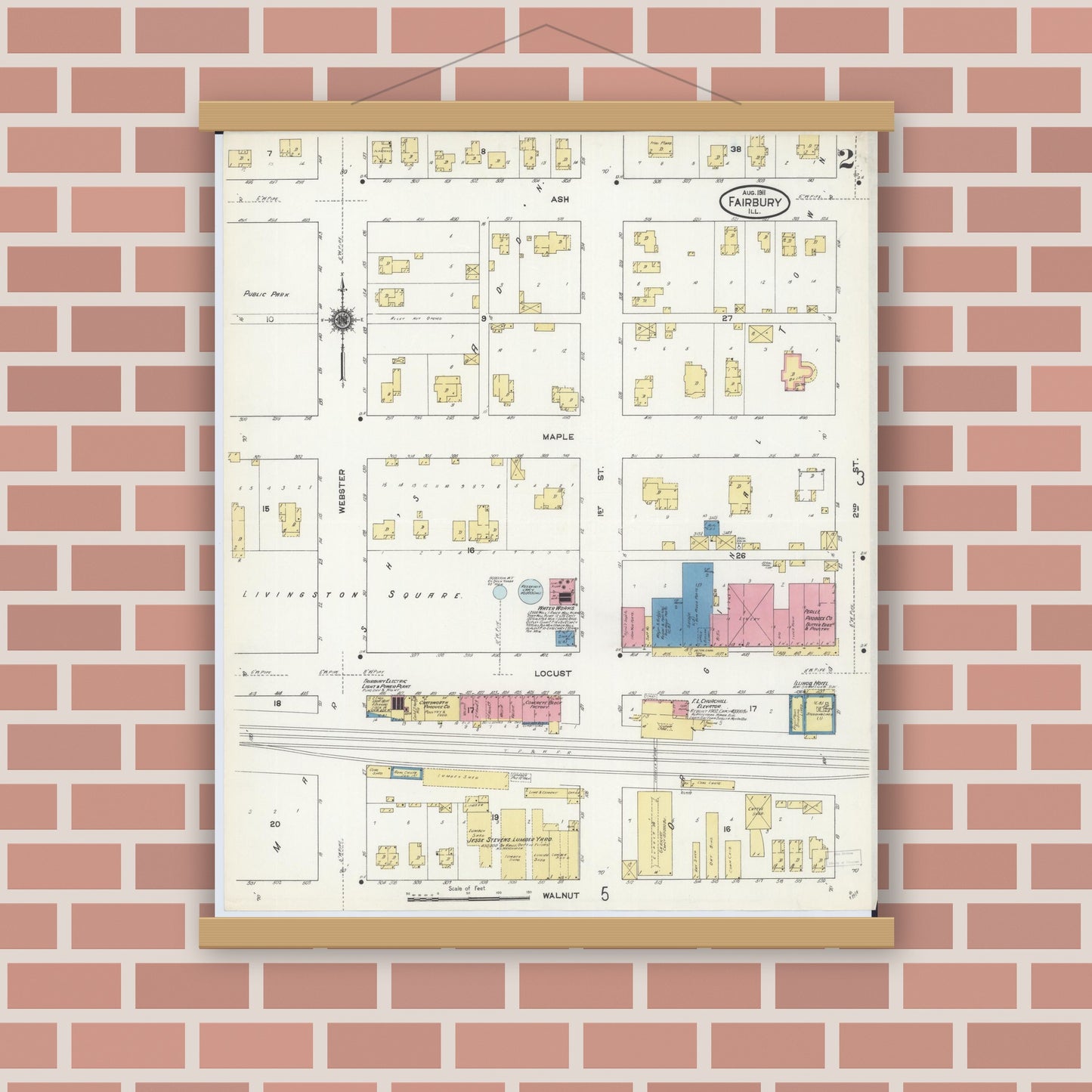 Old map wall art mockup — magnetic wood frame on brick wall — Sanborn Fire Insurance Map from Fairbury, Livingston County, Illinois (1911), Sheet #0002