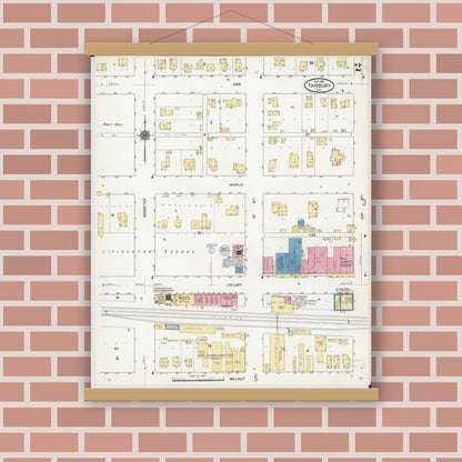 Old map wall art mockup — magnetic wood frame on brick wall — Sanborn Fire Insurance Map from Fairbury, Livingston County, Illinois (1911), Sheet #0002