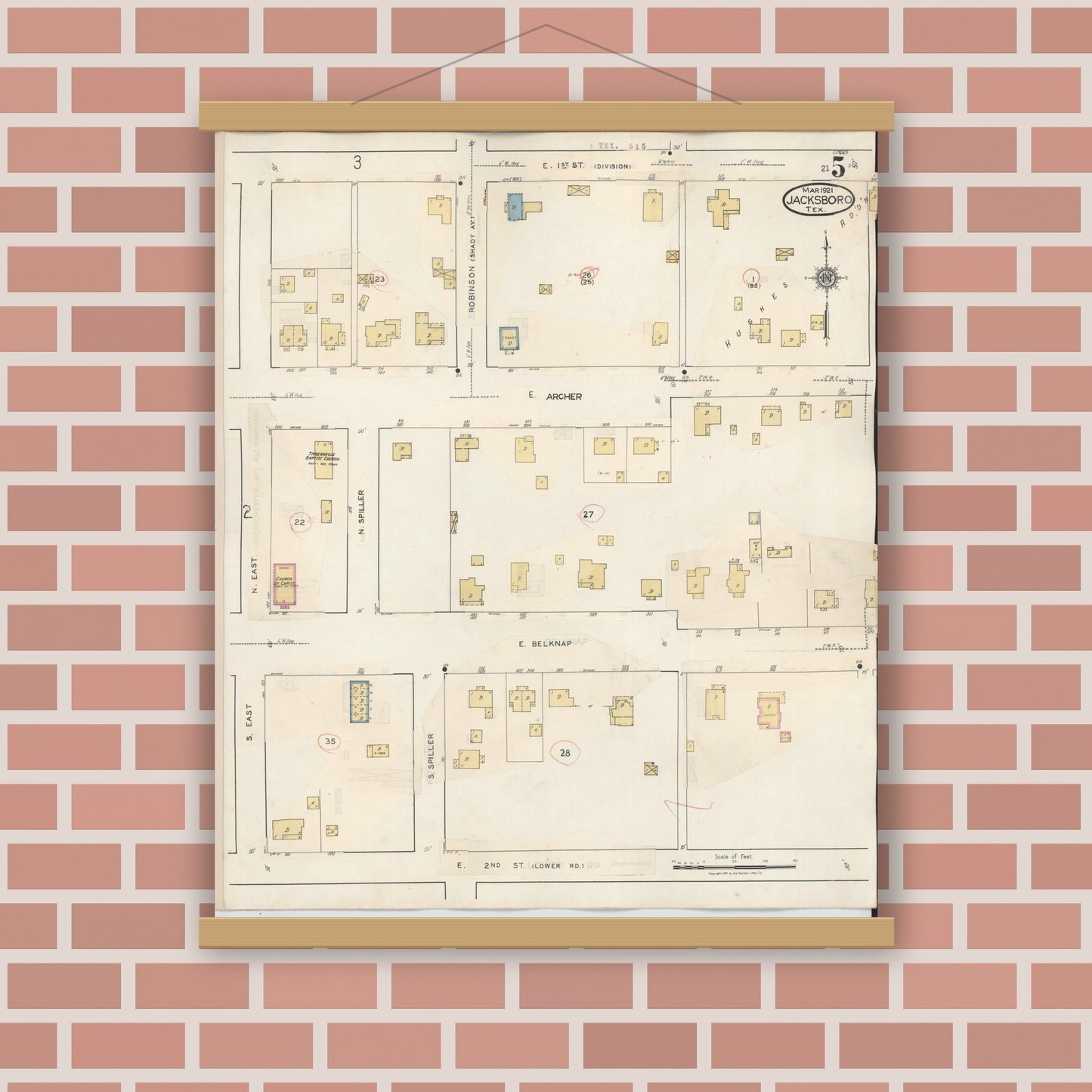 Old map wall art mockup — magnetic wood frame on brick wall — Sanborn Fire Insurance Map from Jacksboro, Jack County, Texas (1942), Sheet #0005