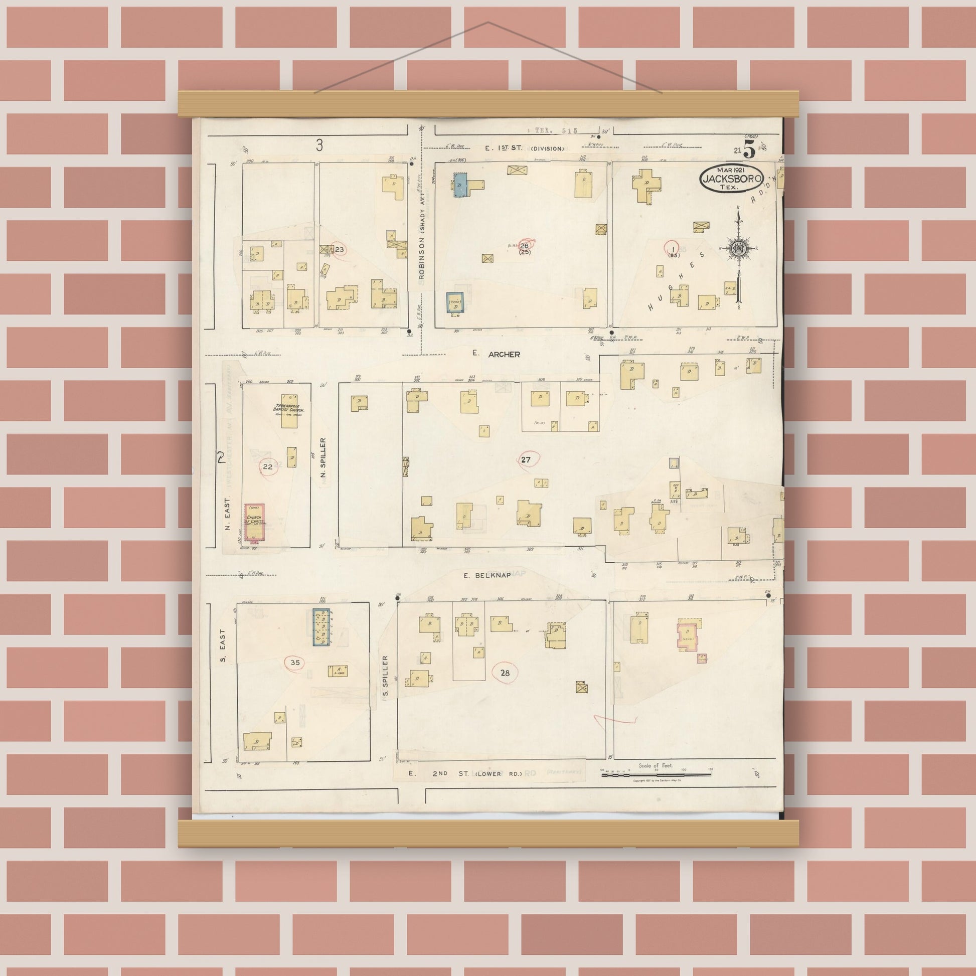 Old map wall art mockup — magnetic wood frame on brick wall — Sanborn Fire Insurance Map from Jacksboro, Jack County, Texas (1942), Sheet #0005