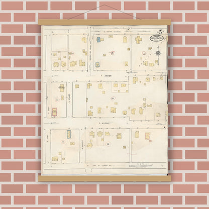 Old map wall art mockup — magnetic wood frame on brick wall — Sanborn Fire Insurance Map from Jacksboro, Jack County, Texas (1942), Sheet #0005