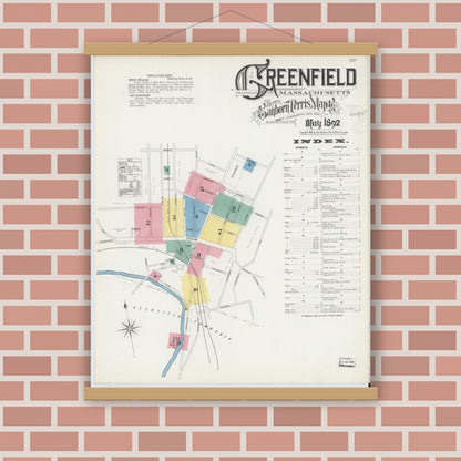 Old map wall art mockup — magnetic wood frame on brick wall — Sanborn Fire Insurance Map from Greenfield, Franklin County, Massachusetts (1892) - Complete Map Set