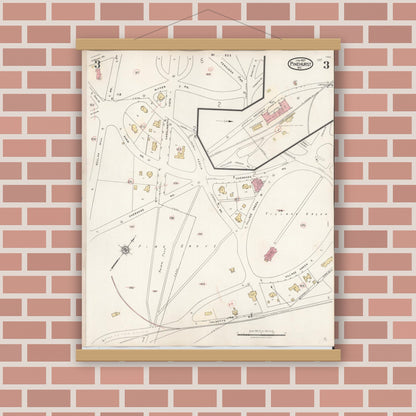 Old map wall art mockup — magnetic wood frame on brick wall — Sanborn Fire Insurance Map from Pinehurst, Moore County, North Carolina (1939), Sheet #0003