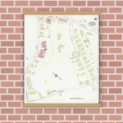 Old map wall art mockup — magnetic wood frame on brick wall — Sanborn Fire Insurance Map from Adams, Berkshire County, Massachusetts (1914), Sheet #0019