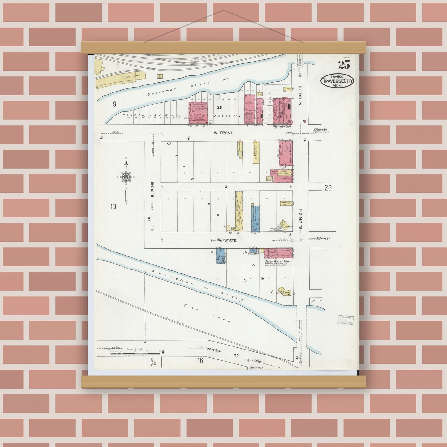 Old map wall art mockup — magnetic wood frame on brick wall — Sanborn Fire Insurance Map from Traverse City, Grand Traverse County, Michigan (1920), Sheet #0025