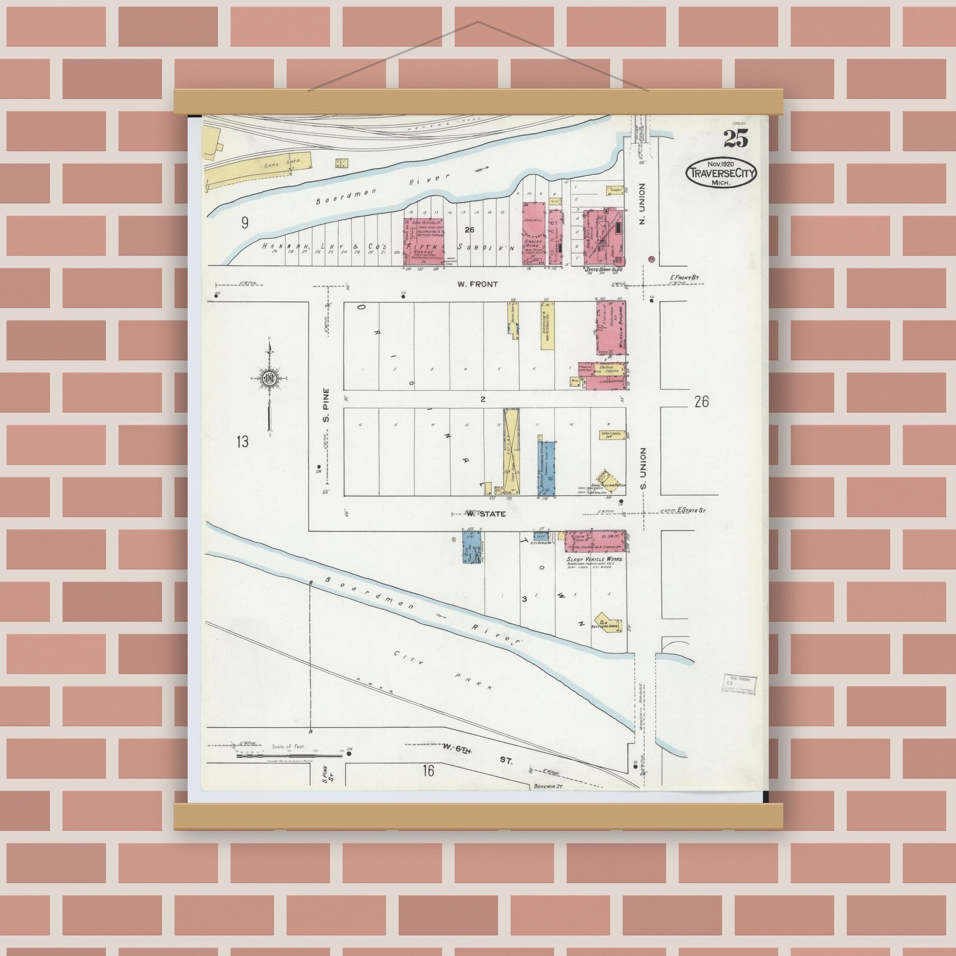 Old map wall art mockup — magnetic wood frame on brick wall — Sanborn Fire Insurance Map from Traverse City, Grand Traverse County, Michigan (1920), Sheet #0025