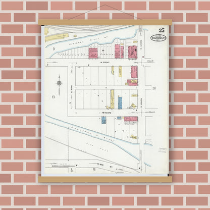 Old map wall art mockup — magnetic wood frame on brick wall — Sanborn Fire Insurance Map from Traverse City, Grand Traverse County, Michigan (1920), Sheet #0025